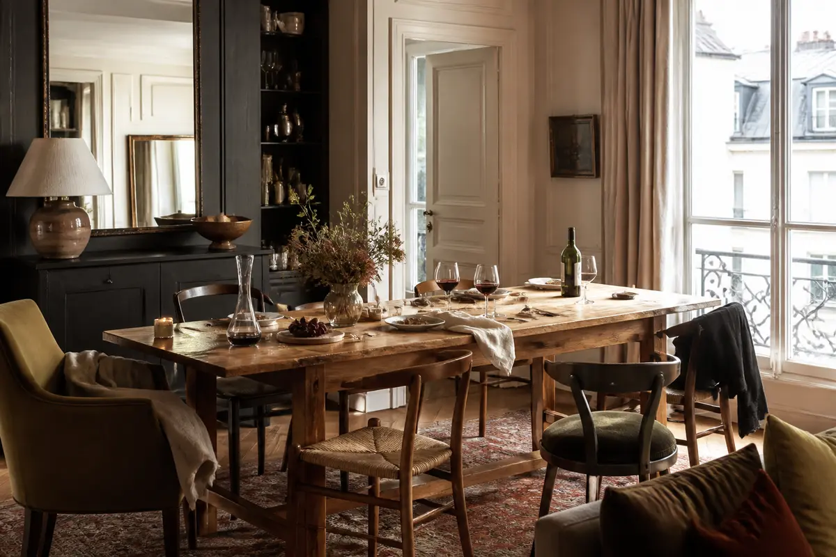 Salle à manger chic et cosy avec table en bois, chaises élégantes et décoration soignée
