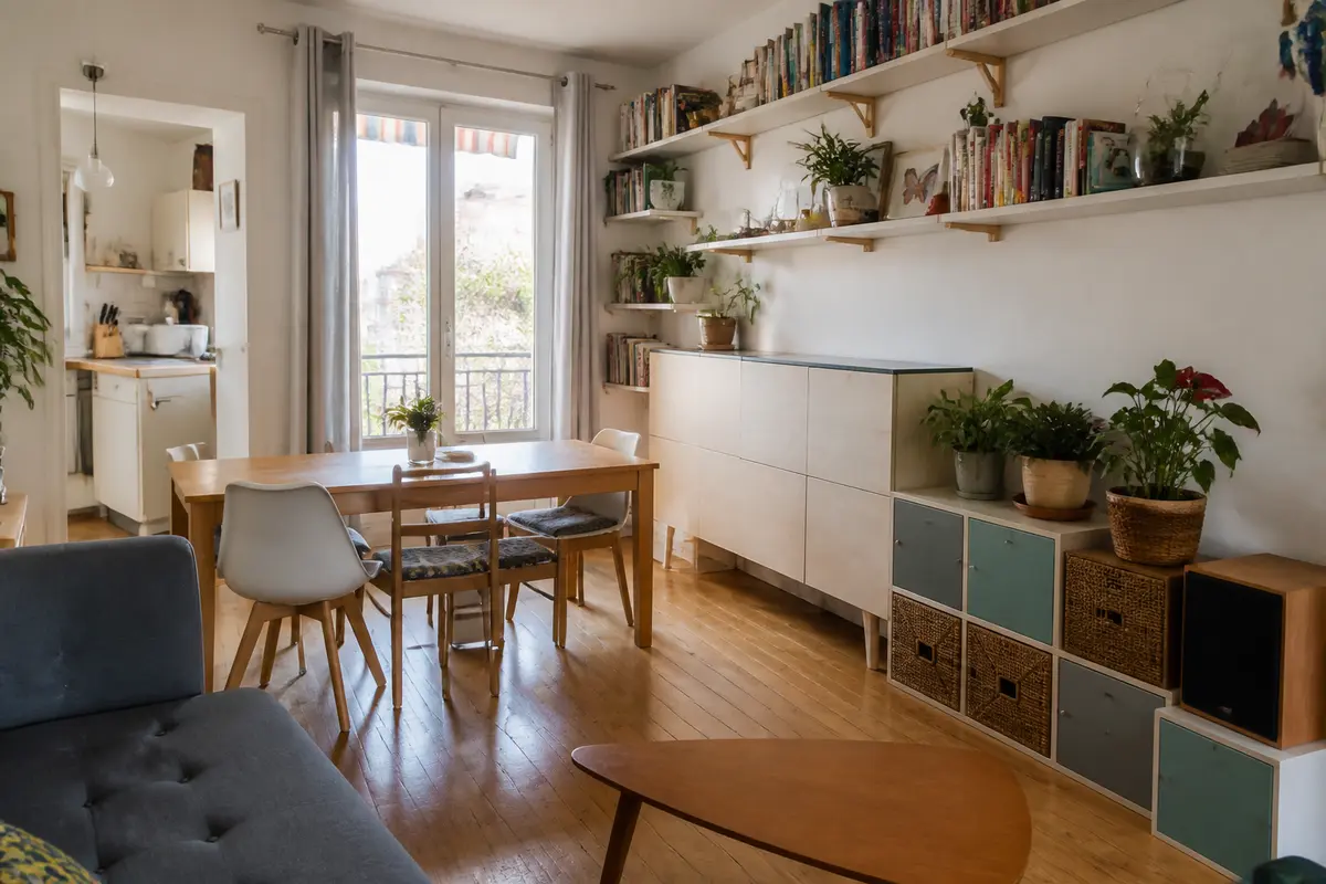 Salle à manger moderne avec bibliothèque et plantes, illustrant un aménagement d'appartement fonctionnel