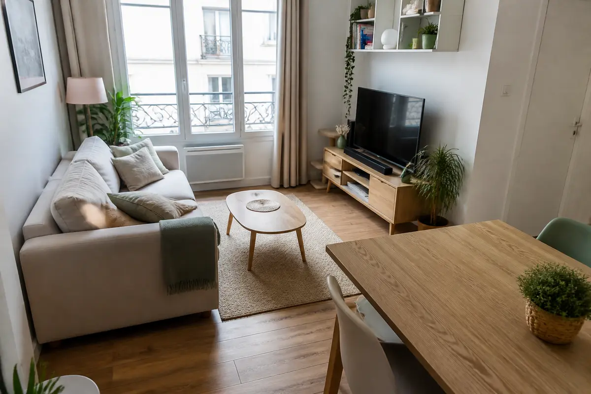 Petit salon de 10m² aménagé avec canapé, table basse et télé, ambiance moderne et lumineuse