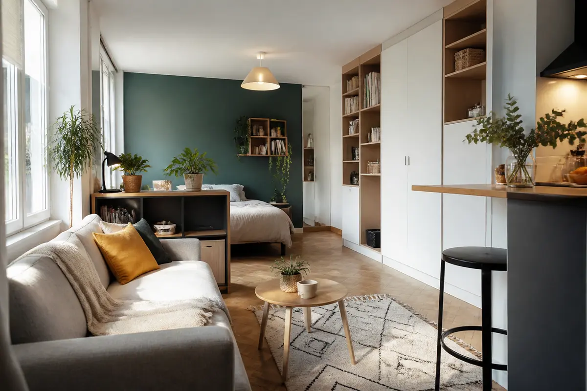 Studio moderne aménagé de 20m2 avec coin salon, cuisine ouverte et lit intégré
