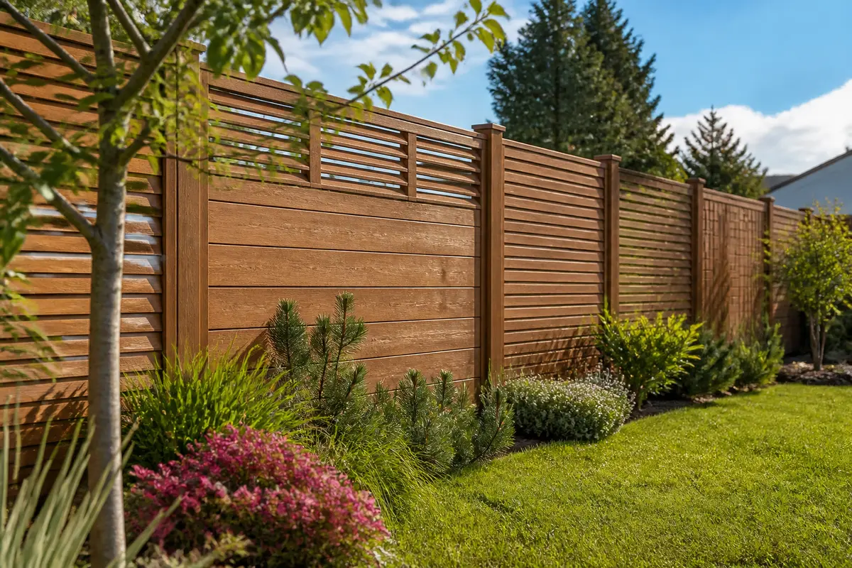 Brise-vue en bois pour jardin entouré de végétation verdoyante et colorée