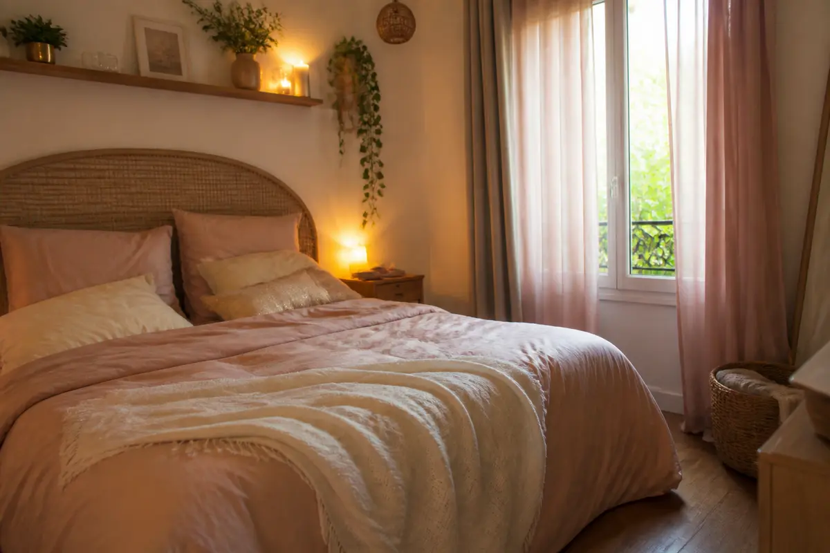 Lit douillet avec lumière douce dans une chambre cosy romantique et élégante