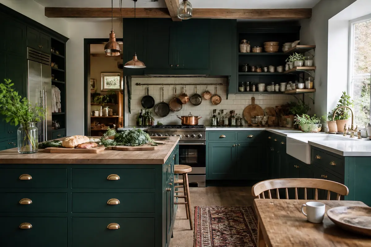 Cuisine moderne avec armoires en bois cuisine vert foncé et décoration élégante plantes naturelles