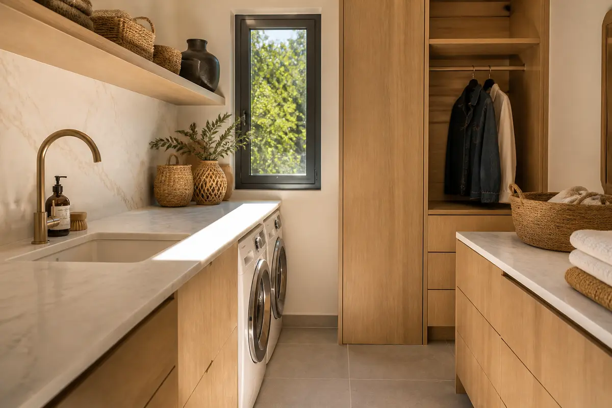 Buanderie moderne avec rangements, équipements et éléments de déco pour buanderie en bois clair