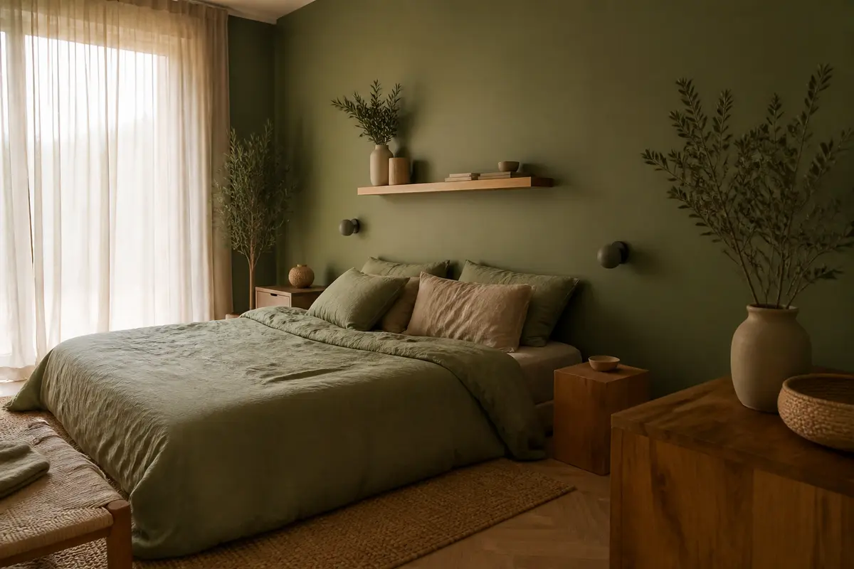 Chambre adulte au style zen avec lit vert et décoration naturelle apaisante.