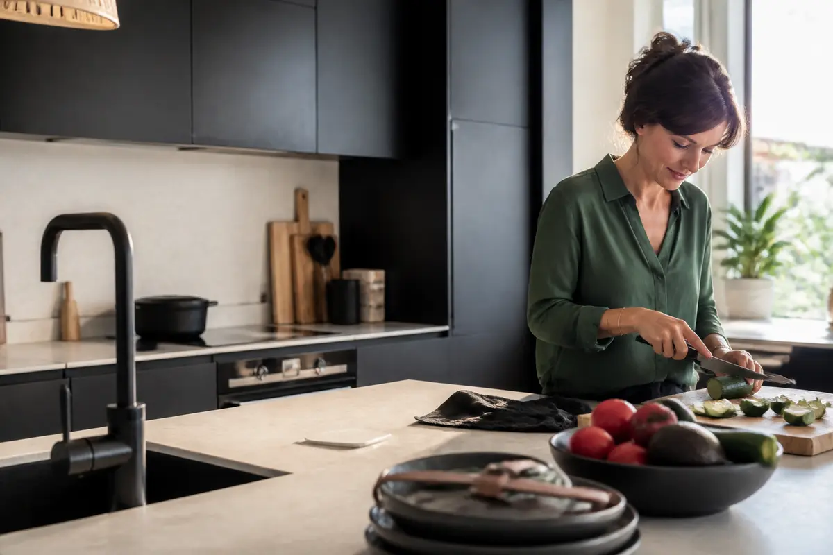 Femme préparant des légumes dans une cuisine à la décoration contemporaine lumineuse et moderne