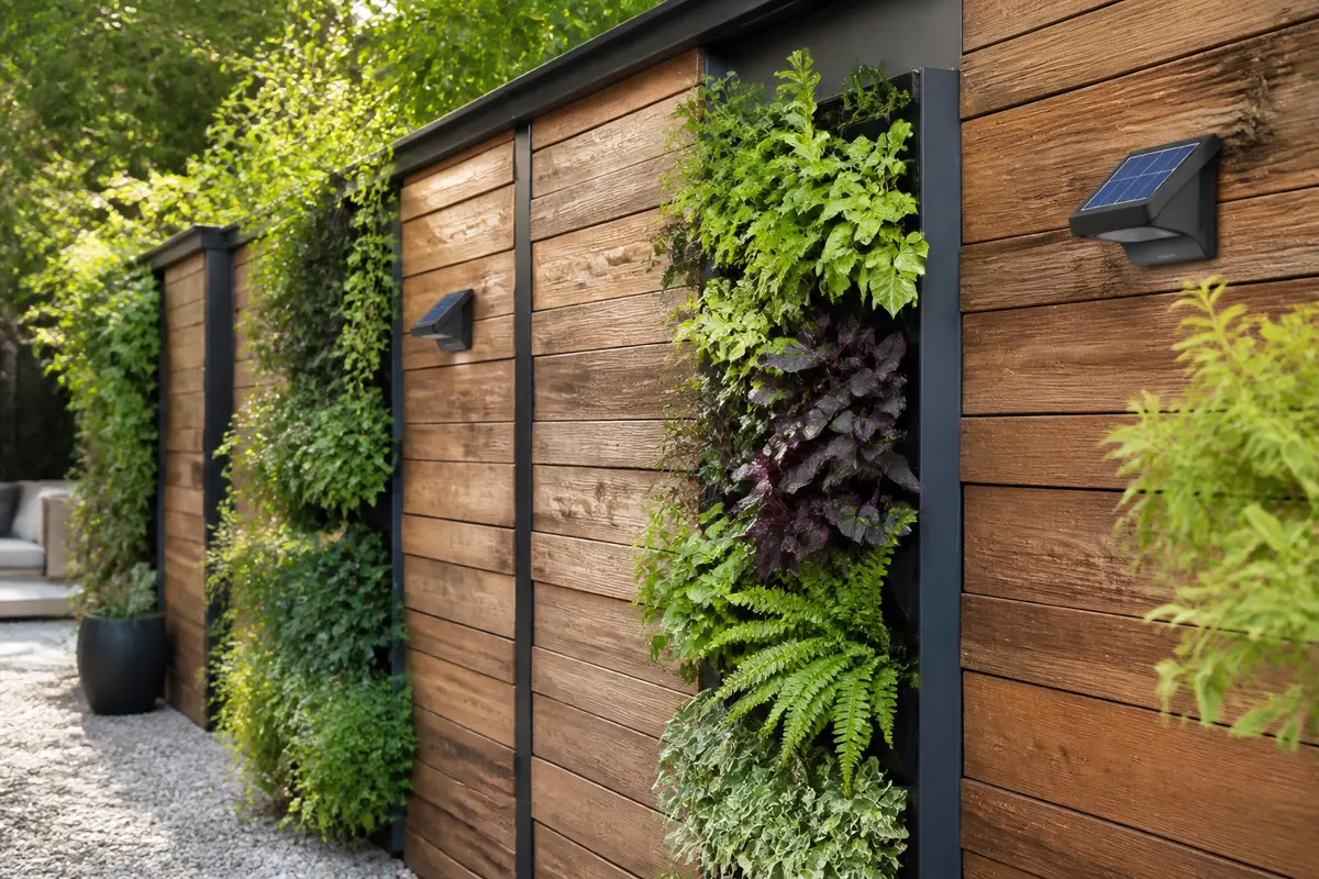 Mur végétal en bois avec plantations pour déco mur extérieur élégante et moderne