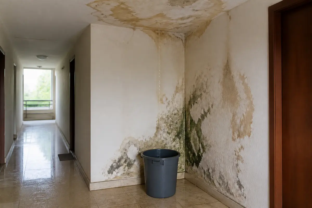 Couloir avec traces de dégât des eaux provenant des parties communes sur les murs et plafond