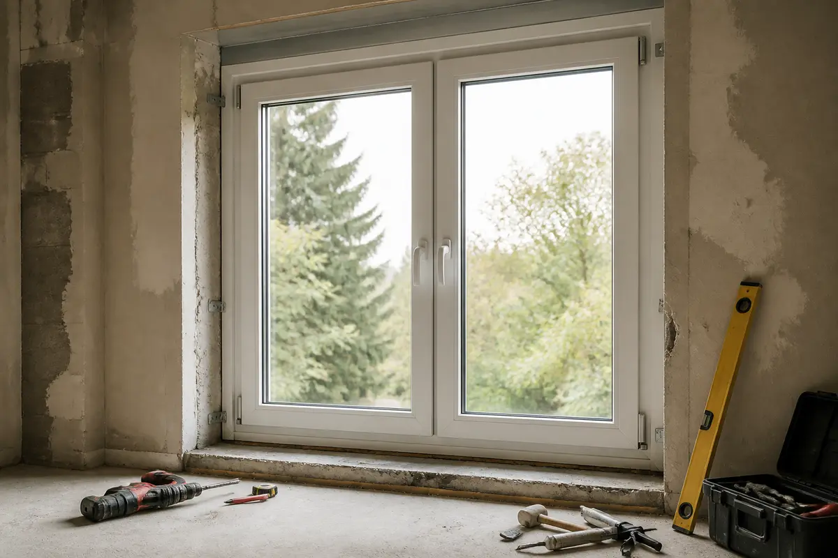 Fenêtre sur mesure à poser soi-même avec outils, vue sur jardin verdoyant