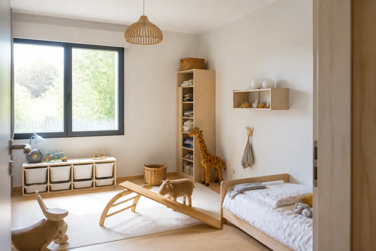 Chambre lumineuse avec jouets en bois, un habitat pensé pour enfants harmonieux et créatif
