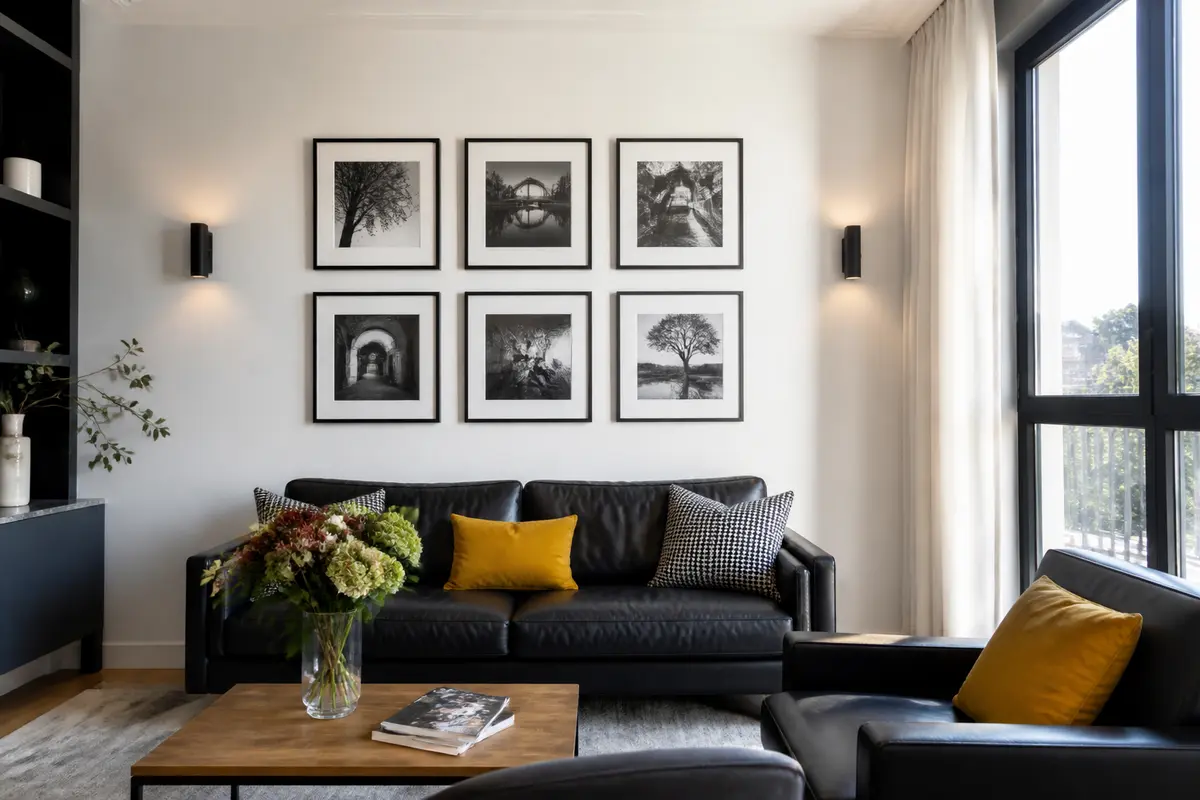 Salon moderne avec idée déco pour mur salon, photos encadrées et canapé noir élégant