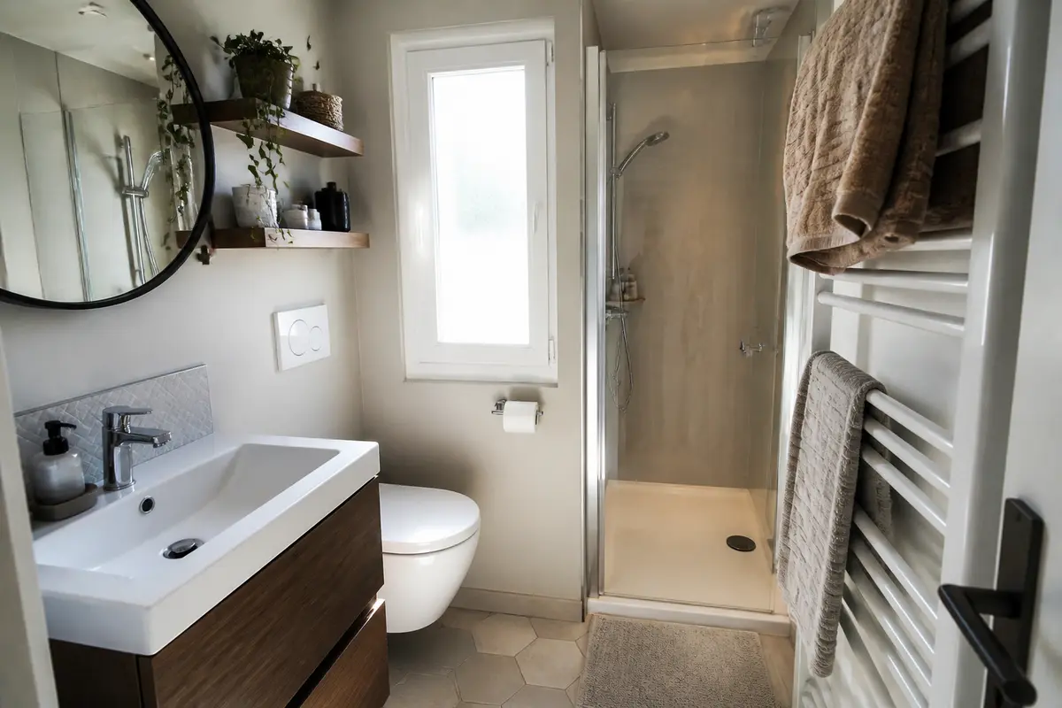 Aménagement moderne et pratique pour idée déco de salle de bain petite surface