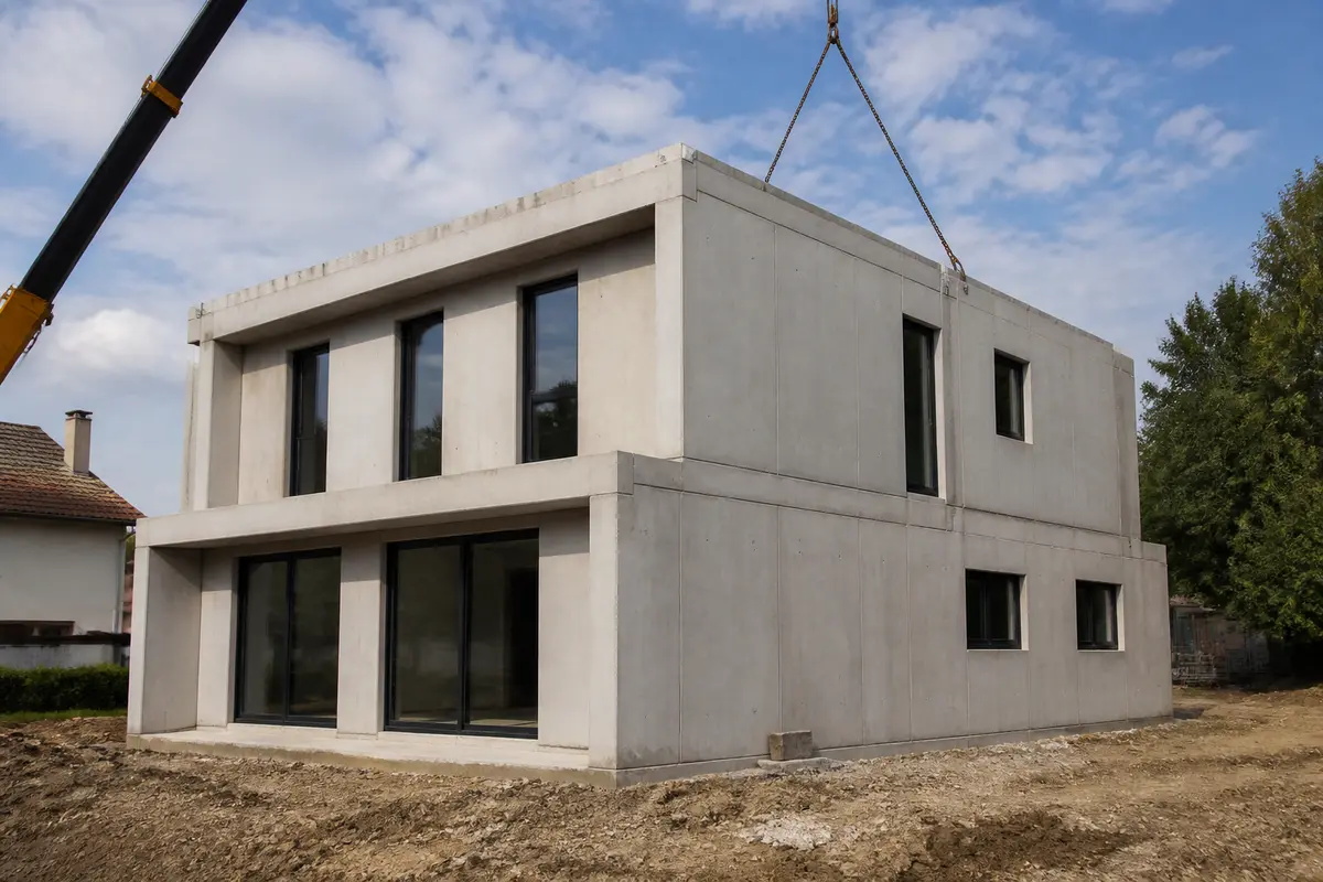 Grue assemblant une maison préfabriquée en béton à deux étages sur un terrain