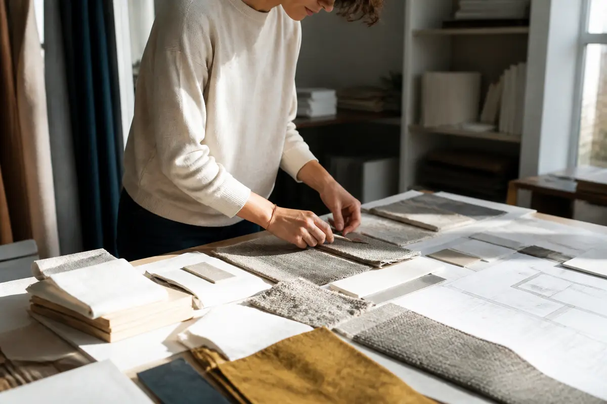 Décoratrice intérieure sélectionnant des tissus, influence sur le prix d'un décorateur d'intérieur