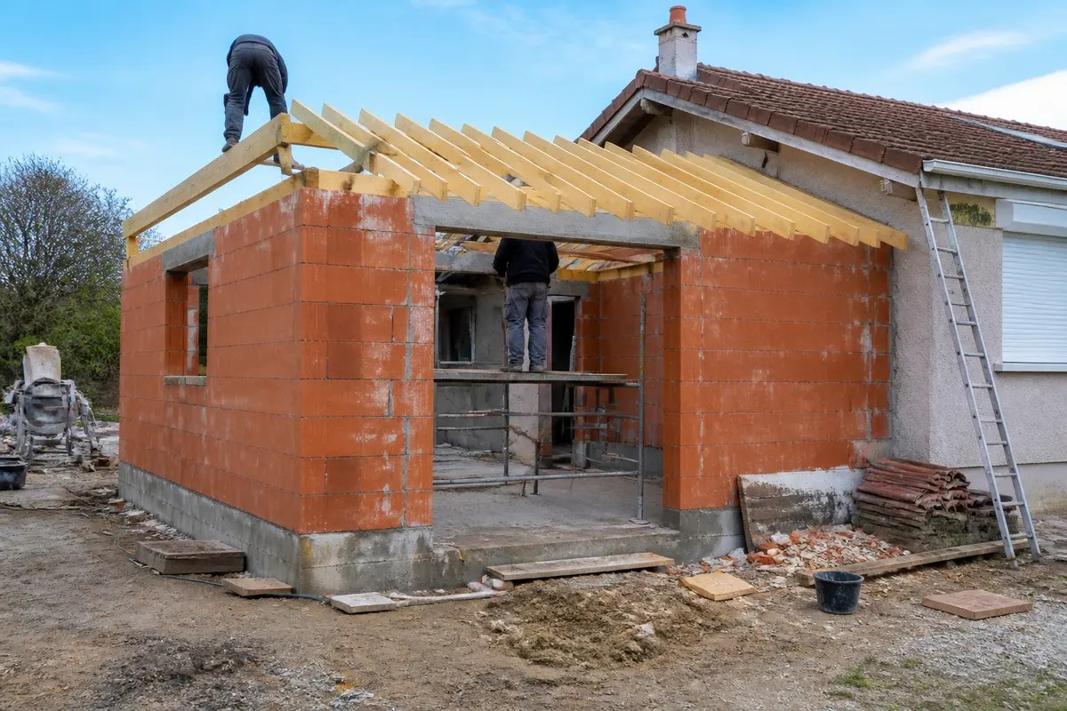 Construction d'une extension de maison en briques rouges évoquant le prix pour 20m² supplémentaires