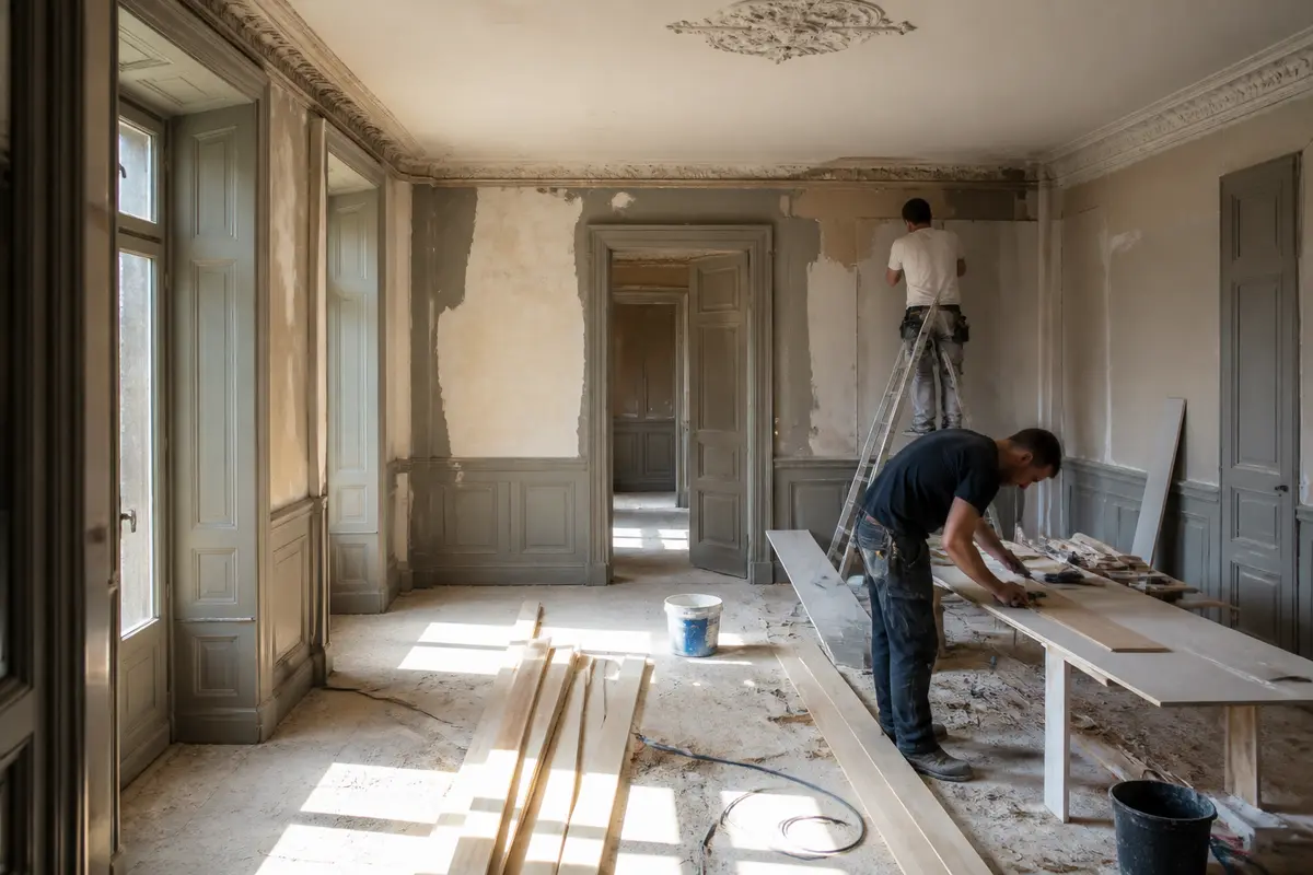 Rénovation d'un appartement ancien à Lons-le-Saunier avec ouvriers et outils de construction