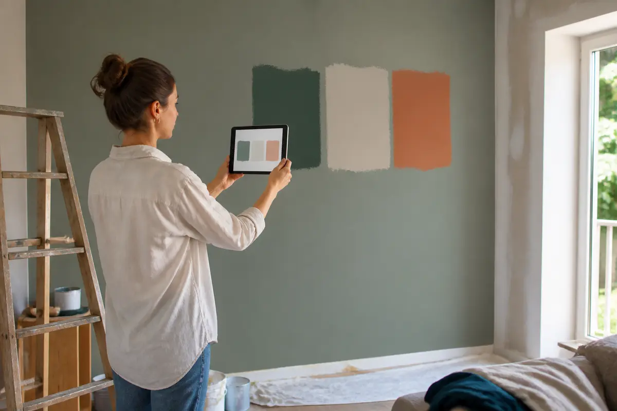 Femme vérifiant couleurs murales avec simulateur peinture gratuit avec photo sur tablette.