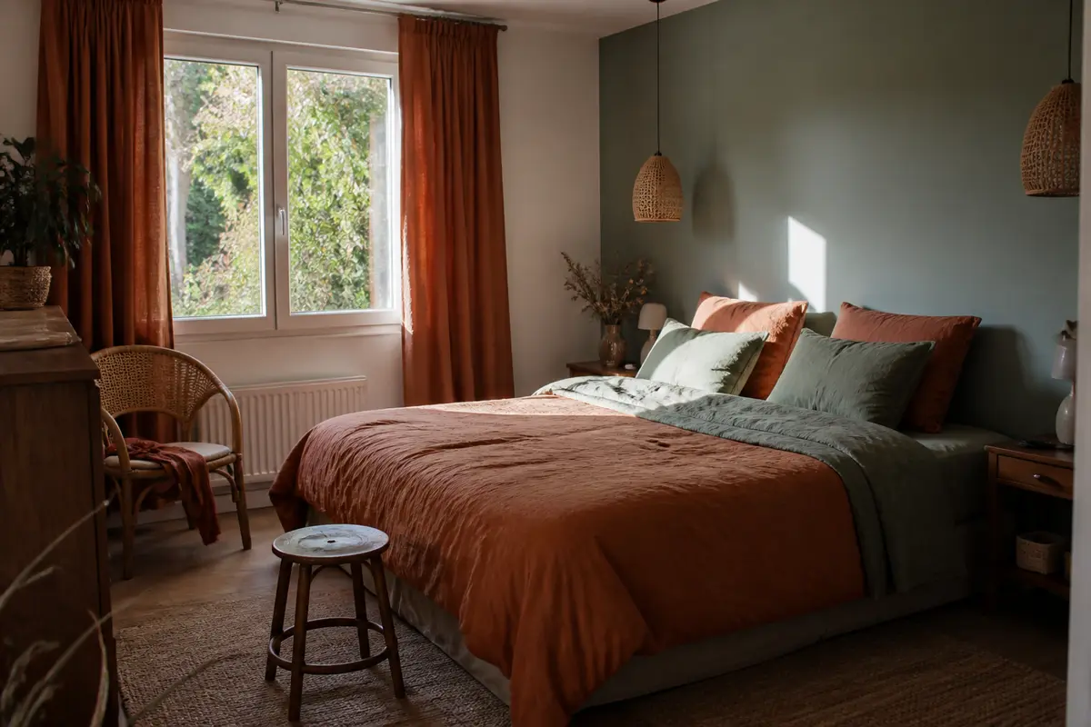Chambre adulte tendance avec lit double, luminaires suspendus et rideaux orange
