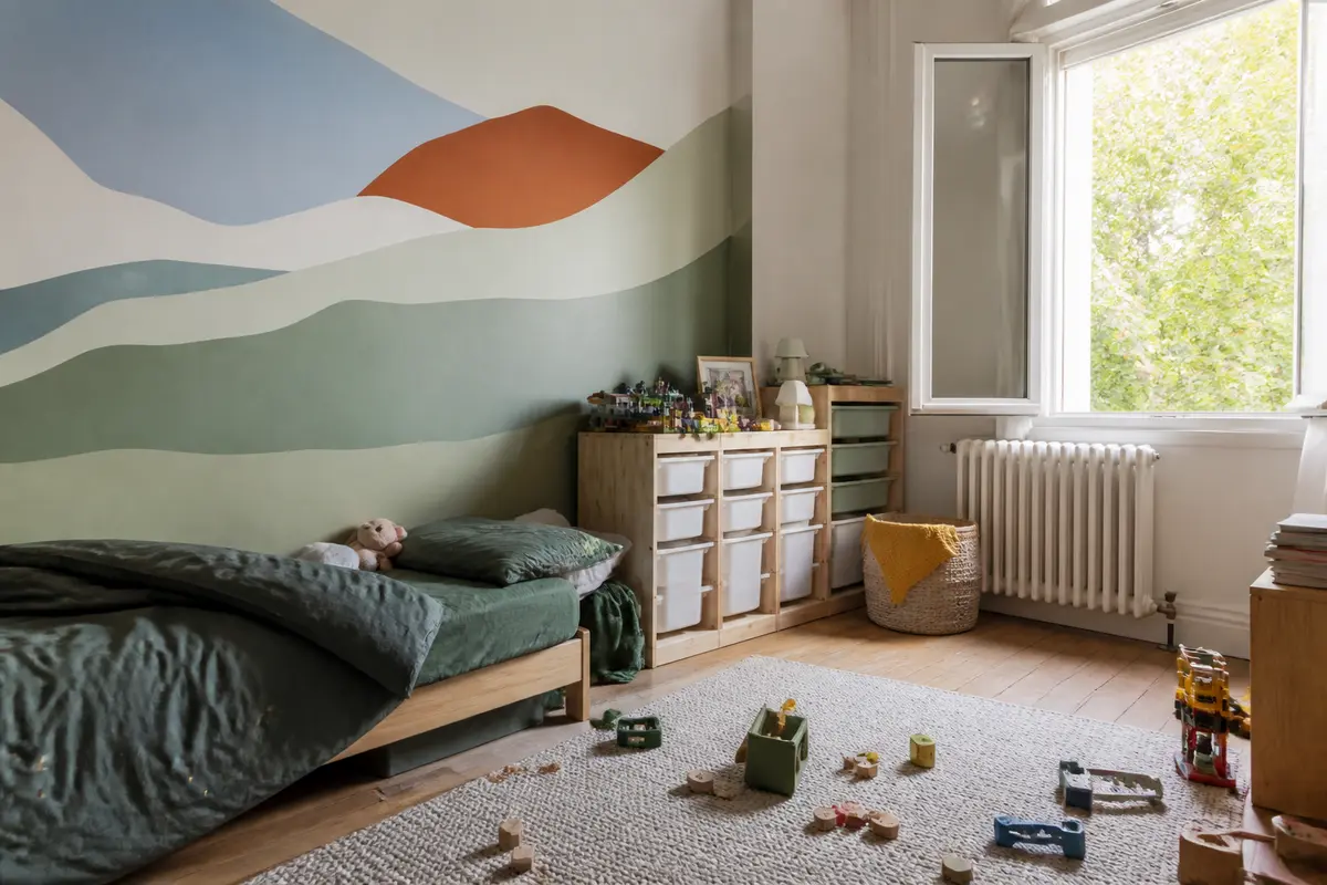 Chambre d'enfant avec peinture murale colorée, une tendance de peinture pour chambre de garçon