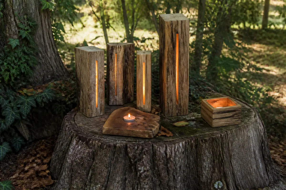 Bûches lumineuses sur tronc d'arbre en décoration forestière naturelle avec bougies.