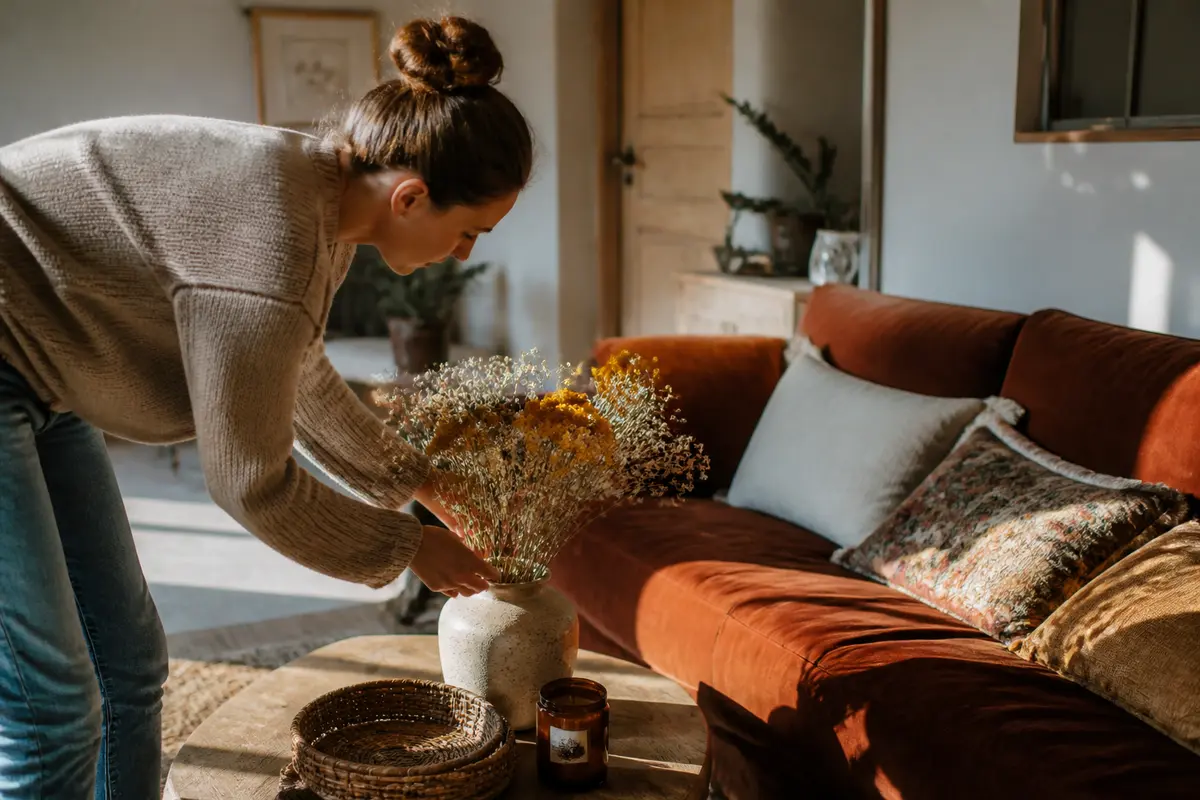 Femme arrangeant bouquet pour aménager un intérieur cosy avec Cosy à la Maison