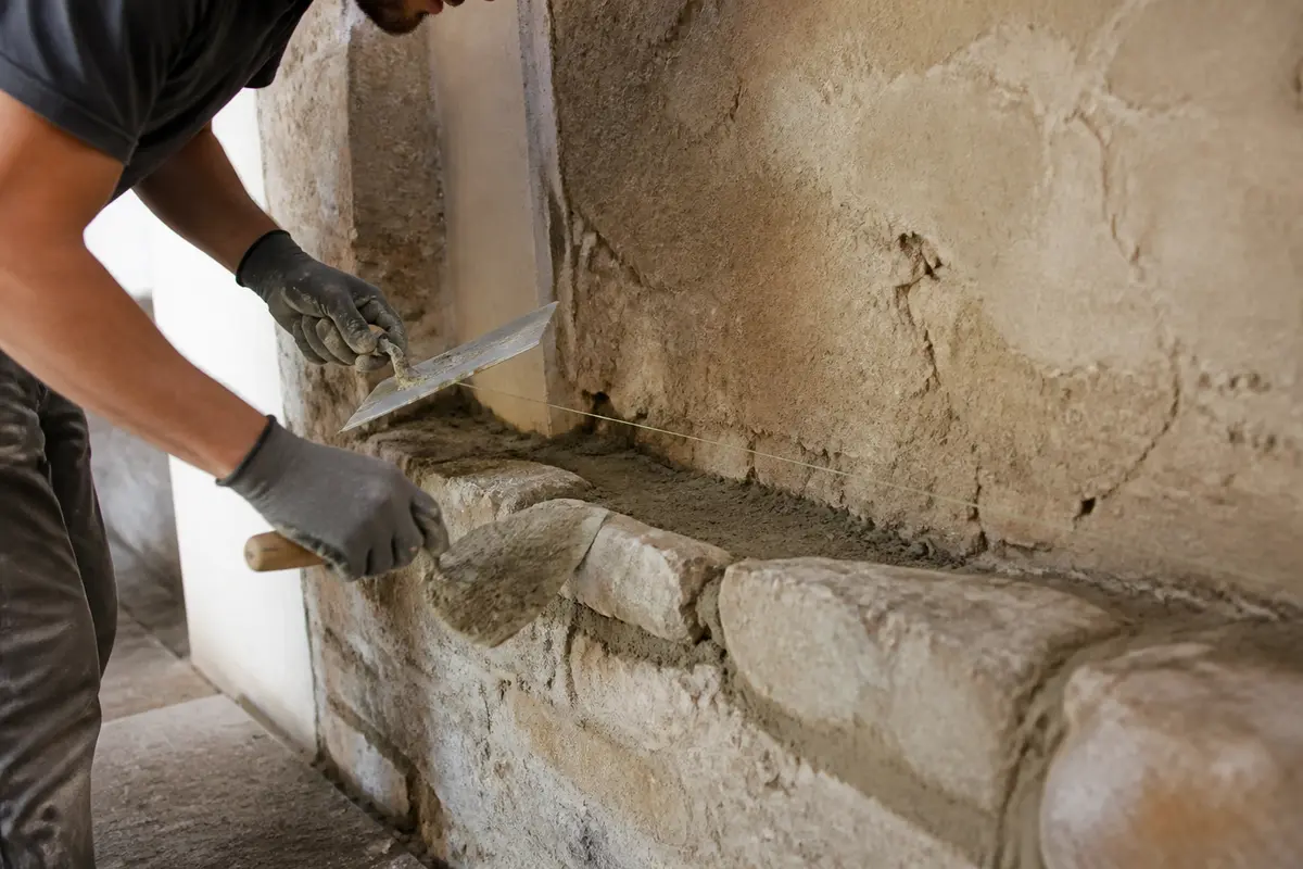 Ouvrier effectuant des travaux de maçonnerie sur mur en pierre à Nantes pour rénovation
