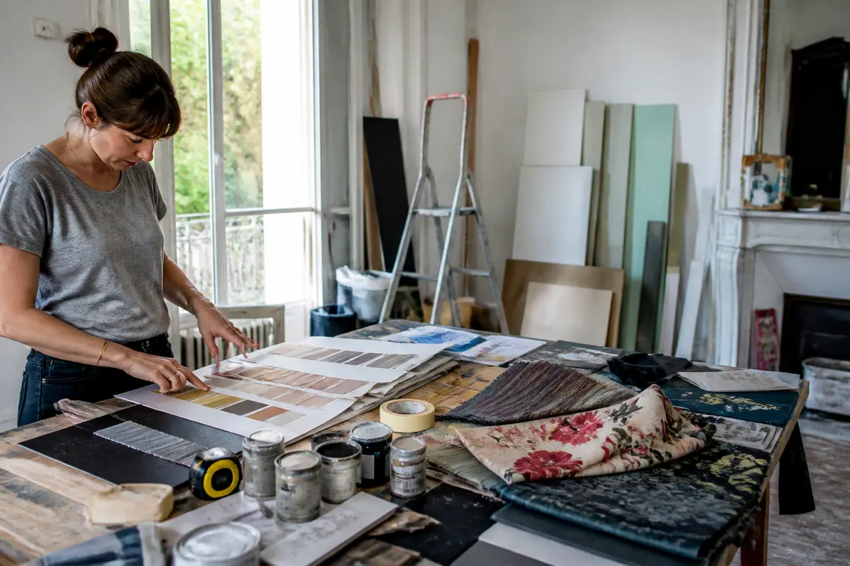 Designer examinant des échantillons de couleurs, textiles pour décoration sur batievol.fr