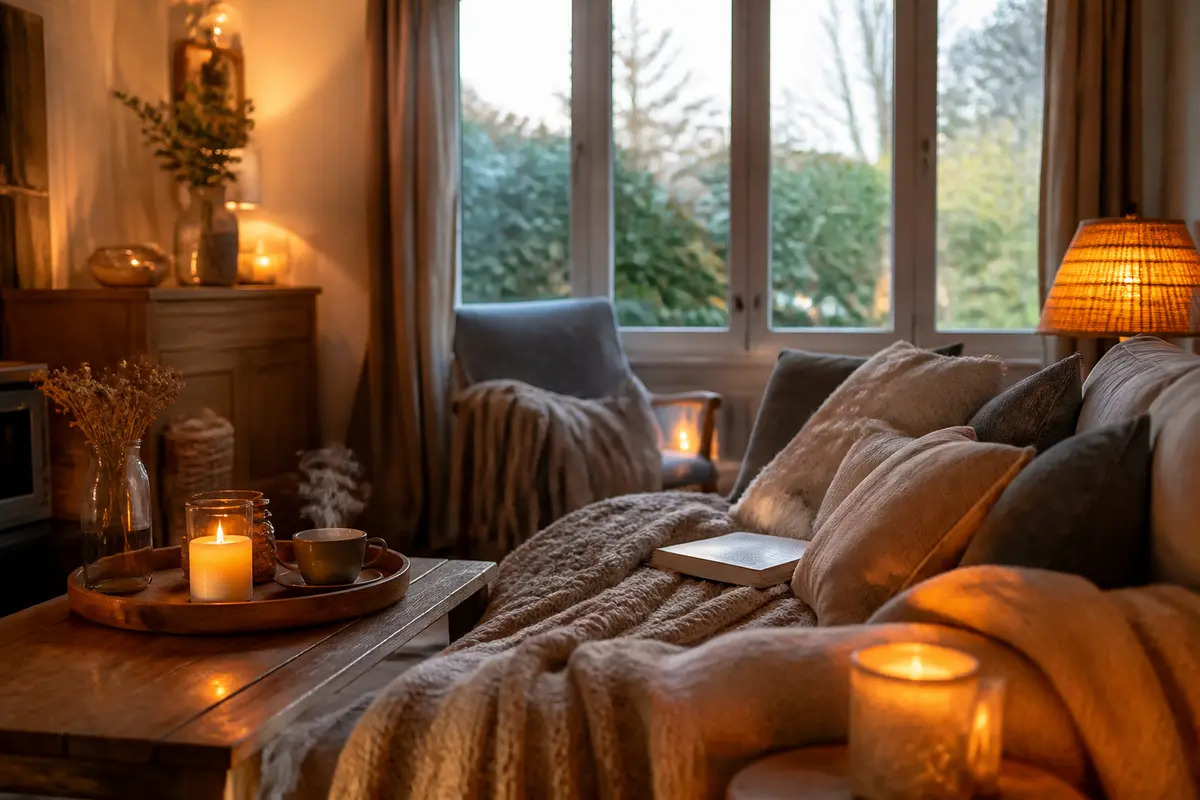 Salon cocooning avec bougies, plaids et coussins pour créer un intérieur hygge à la maison