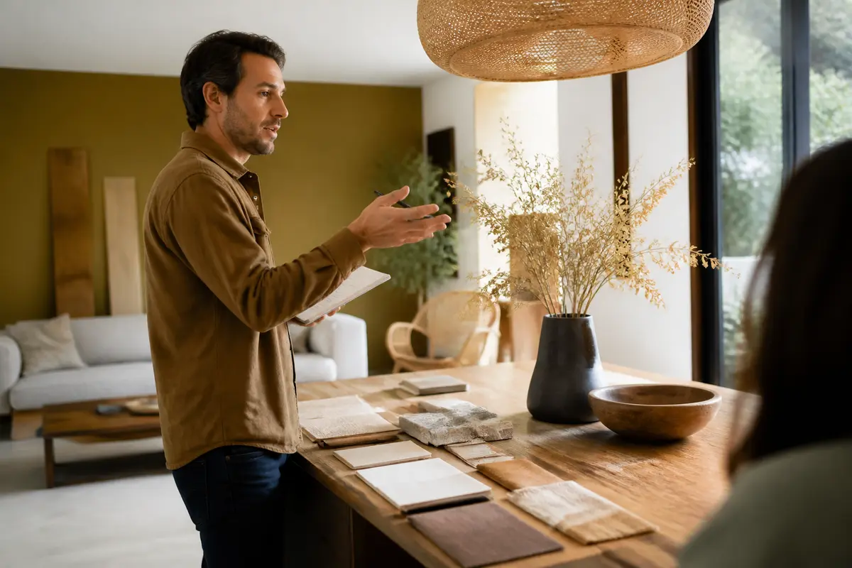 Un décorateur discute de matériaux dans un intérieur moderne sur Lestylechezsoi.fr