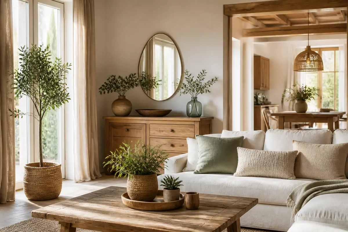 Salon lumineux avec meubles en bois et plantes, illustration de la décoration intérieure Lestylechezsoi.fr