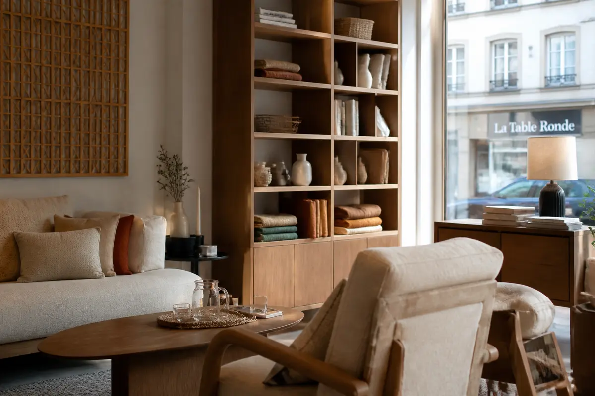 Salon cosy avec étagère en bois et décoration moderne à Strasbourg sur Decoserotonine.