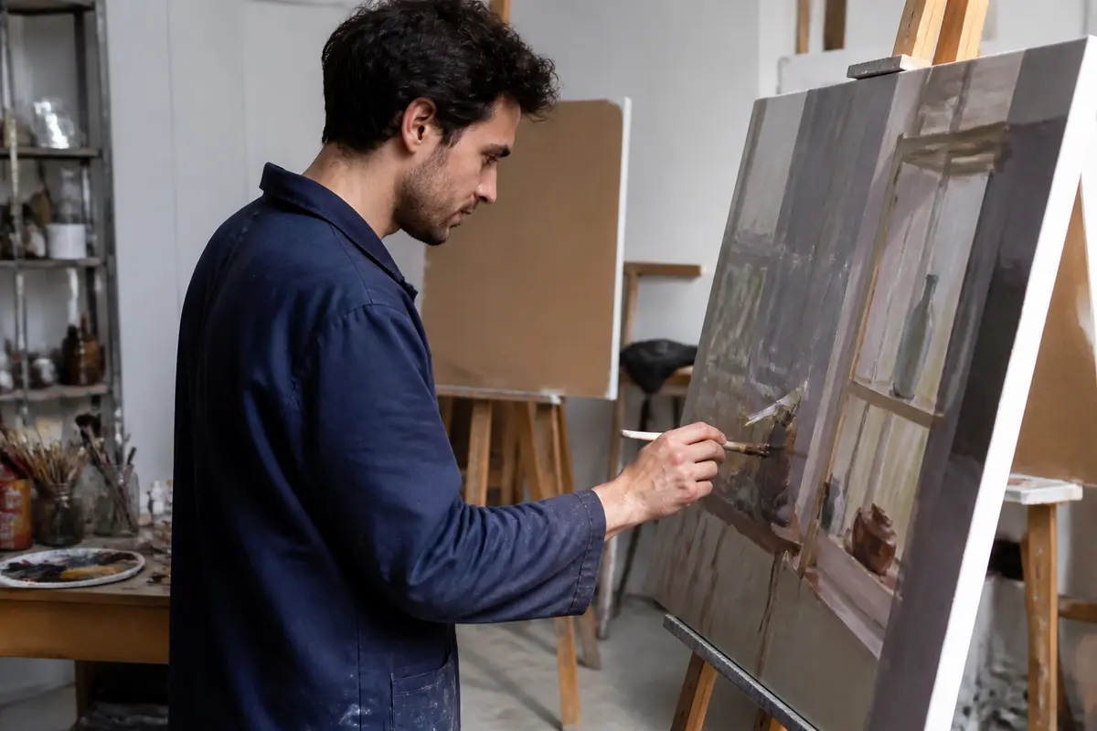 Artiste peignant une toile élégante dans son atelier avec ecoledestravaux.fr peinture en cours