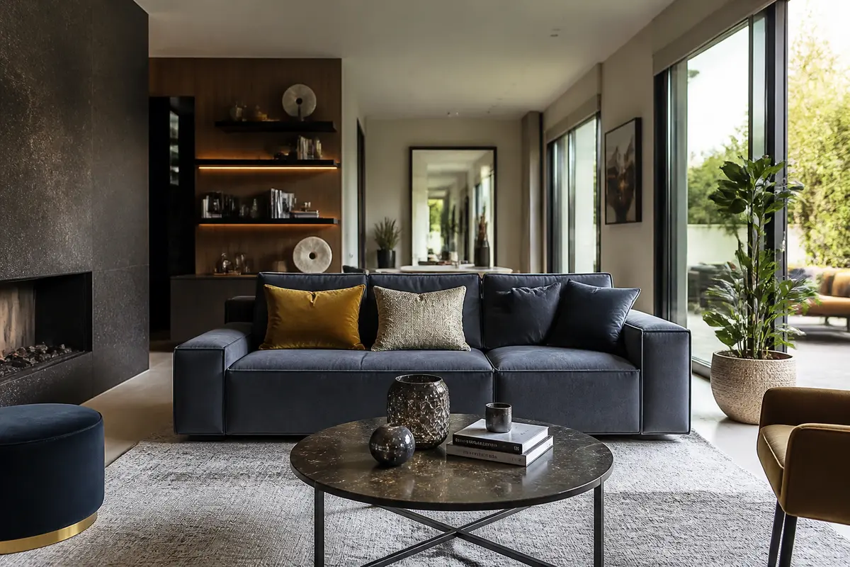 Salon moderne et élégant avec canapé bleu, idéal pour la décoration intérieure élégance déco