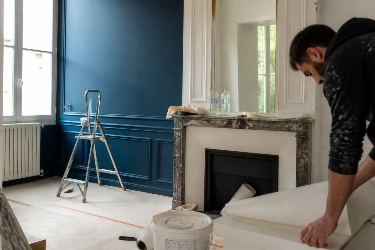 Homme préparant une pièce pour décoration, consultez les tarifs sur lesavoirfairedeco.fr