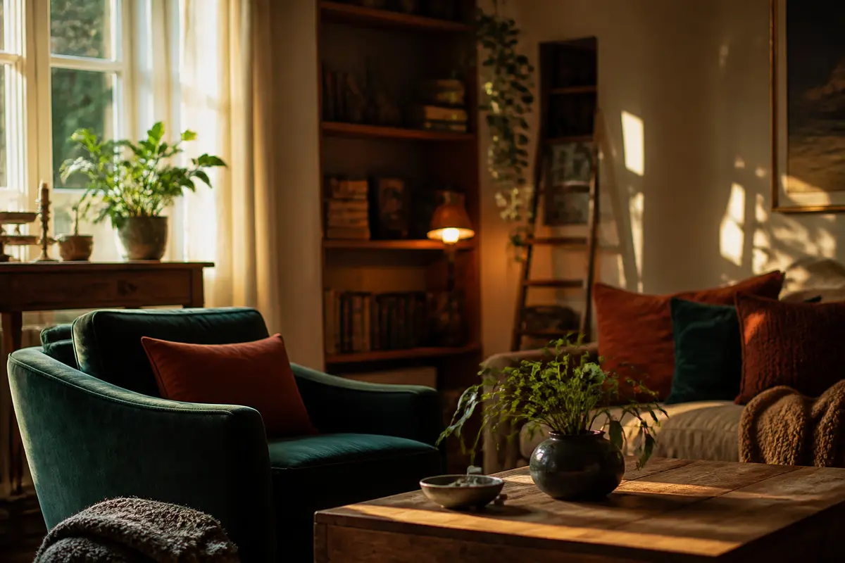 Salon chaleureux avec fauteuils et plantes pour transformer l'intérieur cosy à la maison